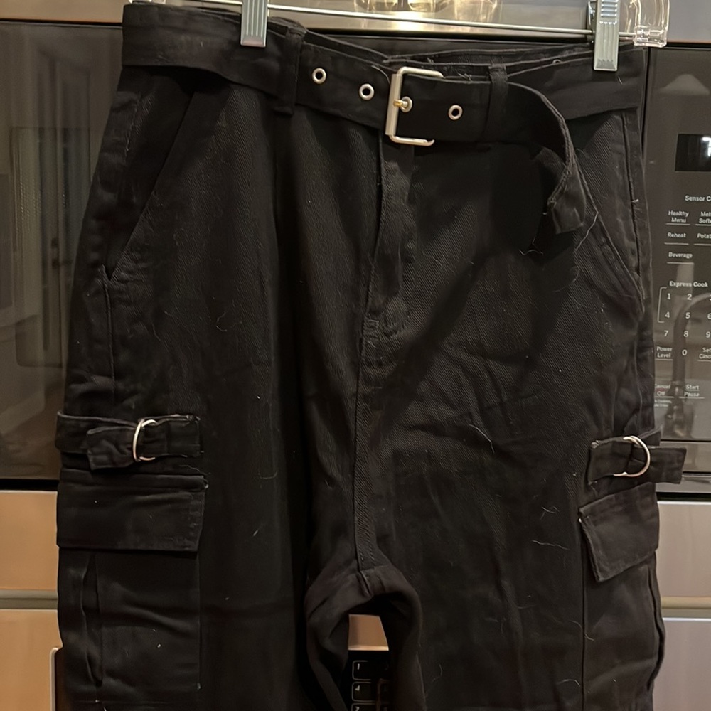 BBJ Cargo style trousers, black, size 25, silver accent on buckle, inseam 23”